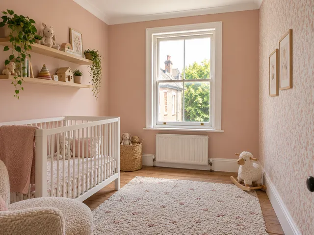 The same room as a nursery with blush pink walls, a patterned wallpaper wall and a white cot.