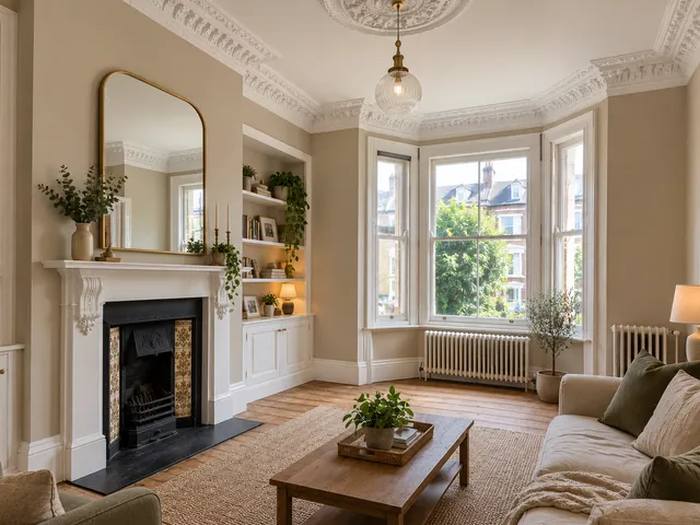 The same room with a restored white fireplace and cornicing and warm stone-coloured walls.